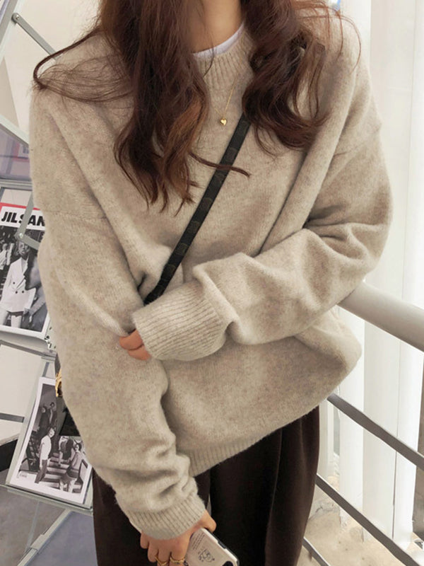 flowersverse Simple Loose Long Sleeves Round-Neck Sweater Tops Pullovers