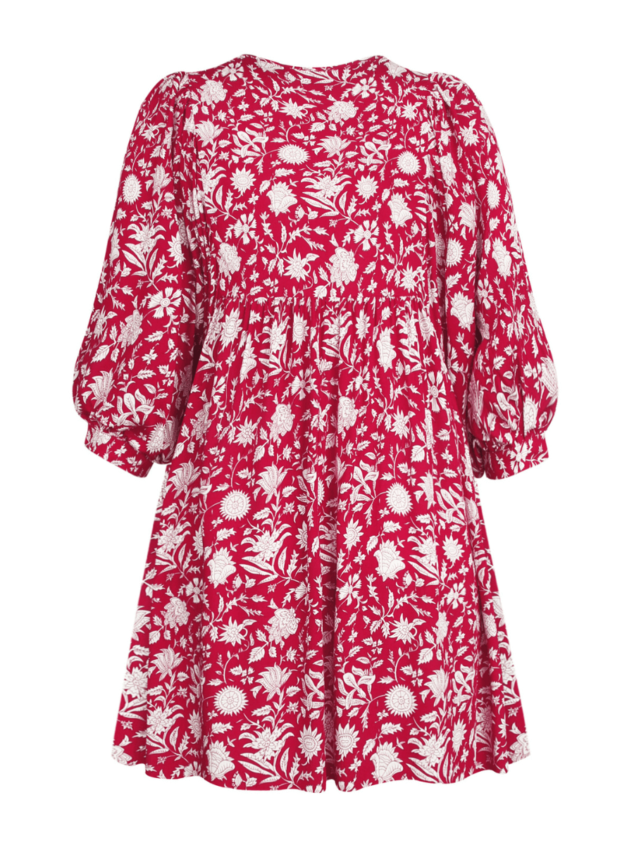 flowersverse ANDERSON FLORAL SHORT SLEEVE MINI DRESS - RED