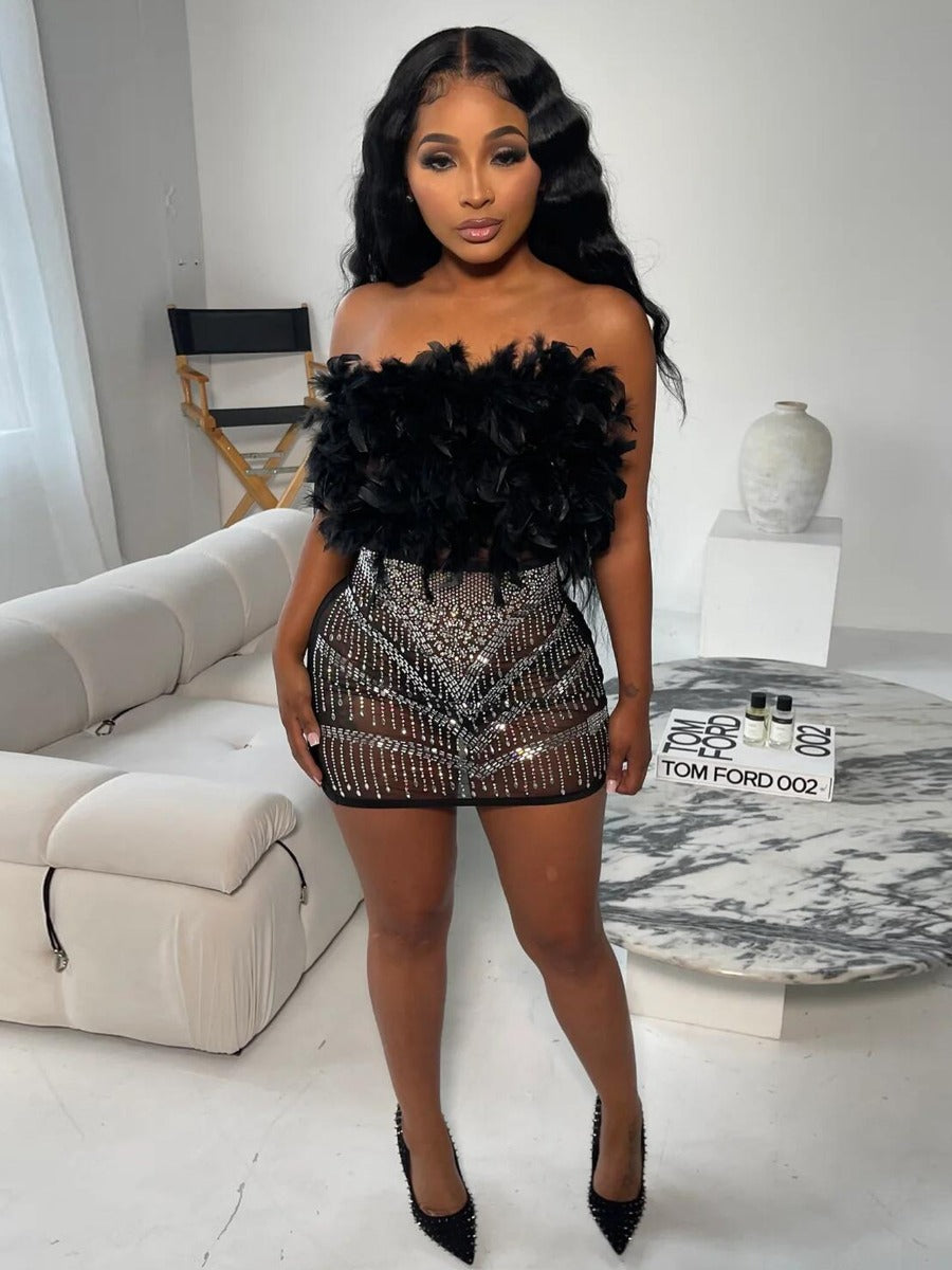 flowersverse Off The Shoulder Feather Decor Rhinestone See Through Dress AT9023