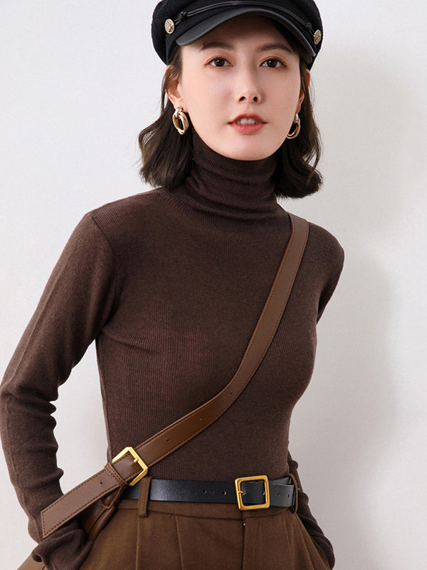 flowersverse Simple Skinny Long Sleeves Solid Color High-Neck Sweater Tops Pullovers