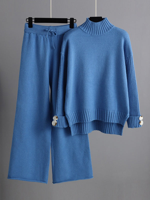 flowersverse Urban Long Sleeves Solid Color Half Turtleneck Sweater Tops & Wide Leg Pants Two Pieces Set