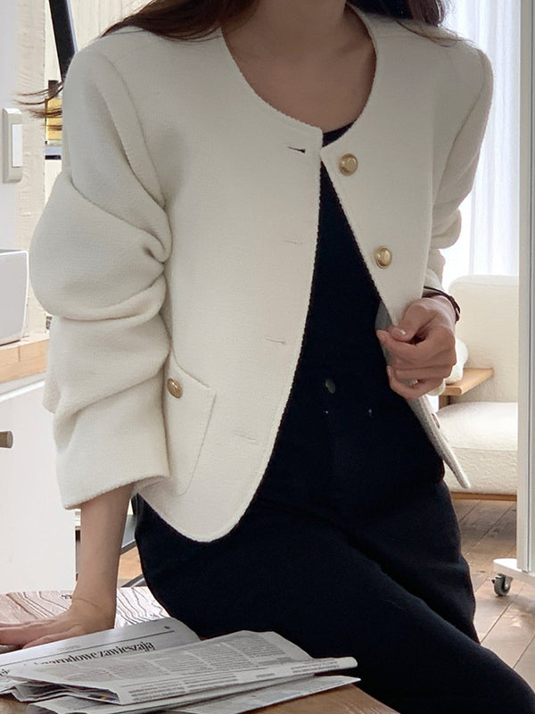 flowersverse Buttoned Pockets Long Sleeves Loose Round-Neck Outerwear