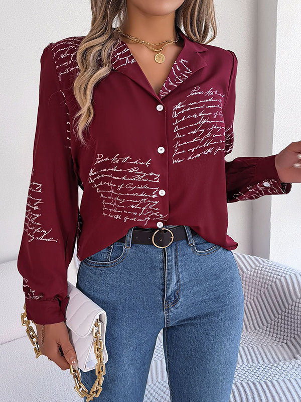 flowersverse Buttoned Letter Print Long Sleeves Loose Notched Collar Blouses&Shirts Tops