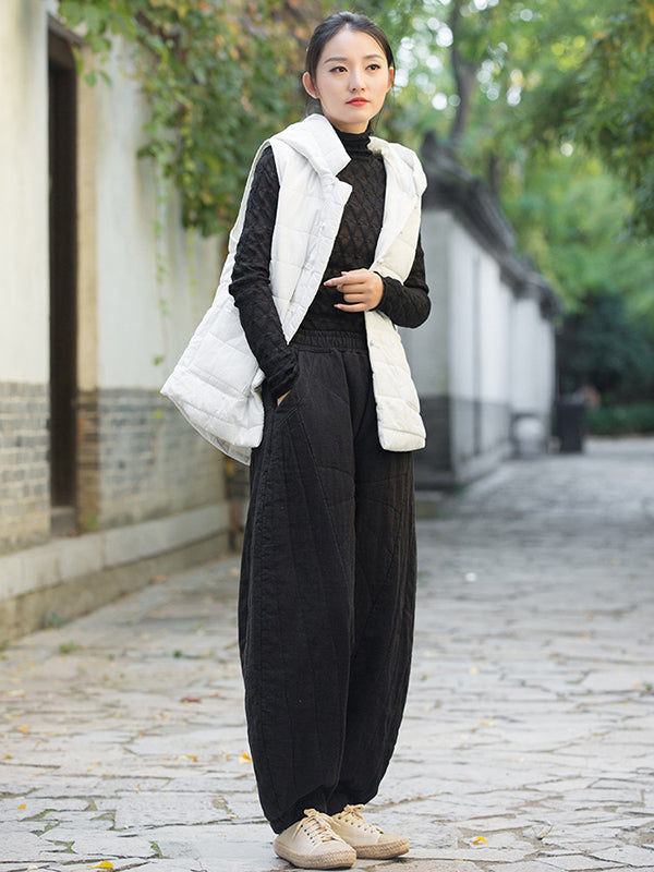 flowersverse Simple Sleeveless Loose Keep Warm Cotton Quilted Solid Color Hooded Vest Outerwear