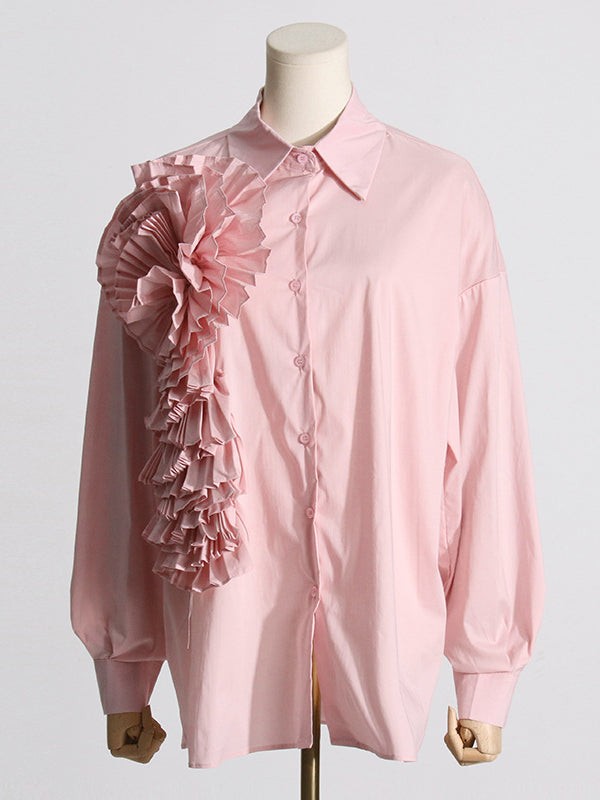 flowersverse Asymmetric Buttoned Pleated Solid Color Split-Joint Three-Dimensional Flower Long Sleeves Loose Lapel Blouses&Shirts Tops