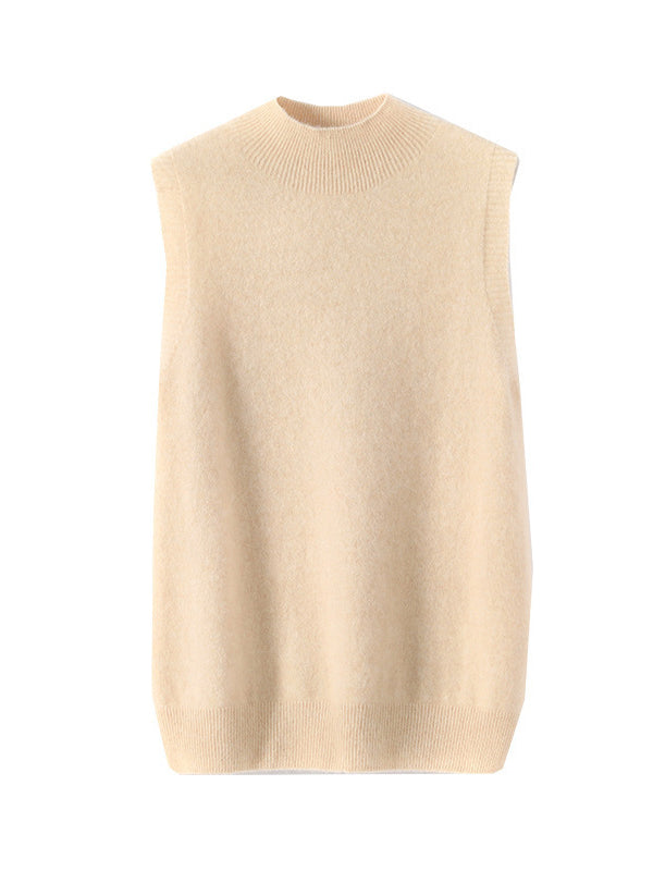 flowersverse Stylish Wool Sleeveless Solid Color Half Turtleneck Vest Top