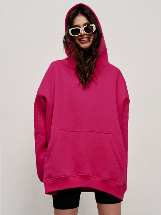 flowersverse Pockets Solid Color Velvet Long Sleeves Loose Hooded Hoodies Tops