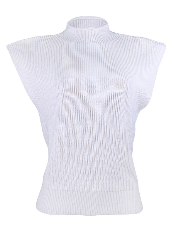 flowersverse Casual Cap Sleeve Solid Color High-Neck Sweater Tops Pullovers