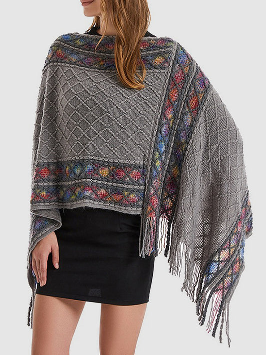 flowersverse Asymmetric Tasseled Loose V-Neck Shawl&Cloak Cape
