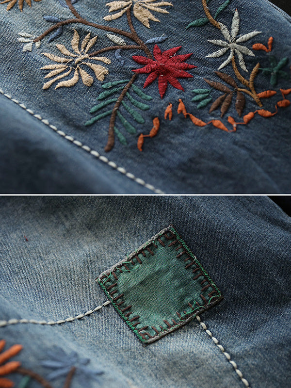flowersverse Vintage Loose Embroidered Elasticity Harem Jean Pants Bottoms