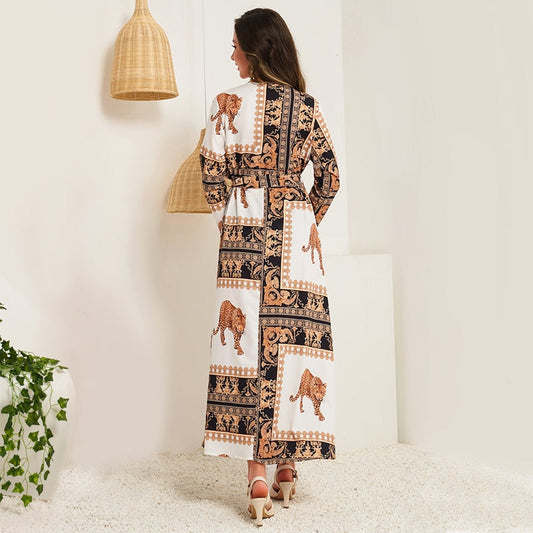 flowersverse Ladies Fashion V-neck Long Sleeve Slim Animal Retro Printed Belt Long Ladies Style A-line Dress