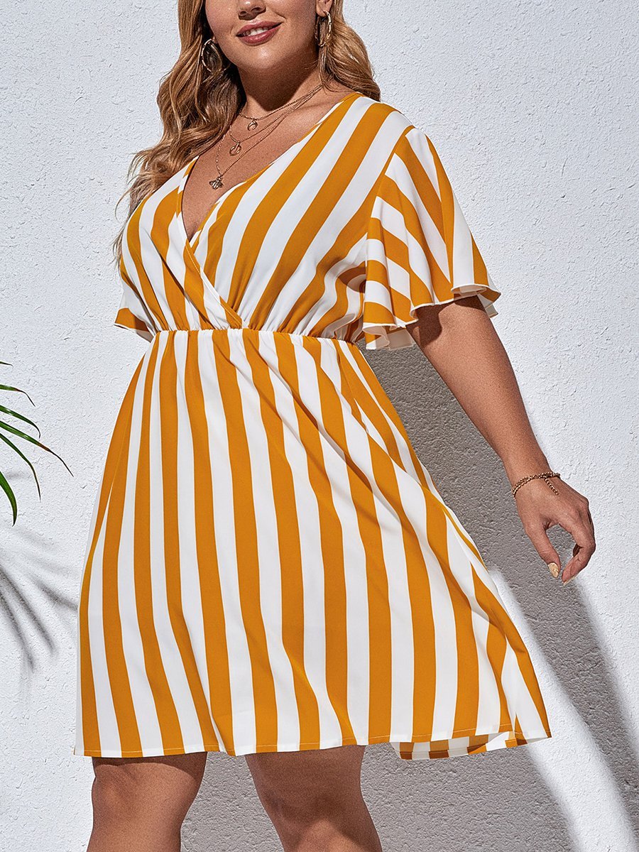 flowersverse Holiday Short Sleeve V Neck A-line Weaving Dress