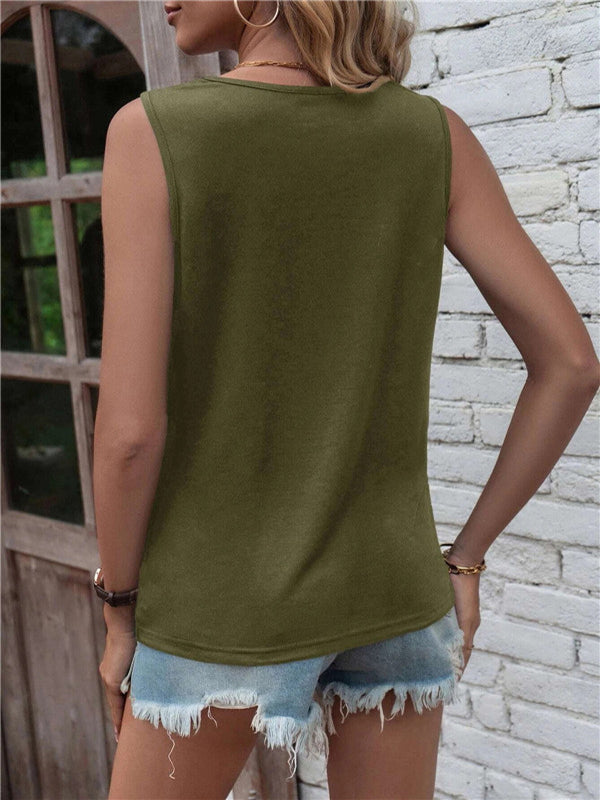 flowersverse Hollow Knot Pleated Solid Color Sleeveless Round-Neck Vest Top