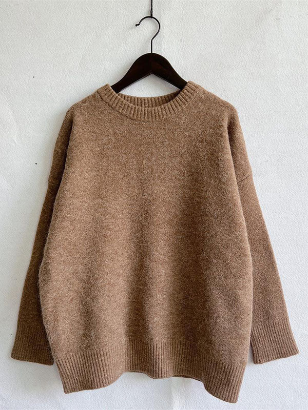 flowersverse Casual Loose Long Sleeves Solid Color Round-Neck Sweater Tops