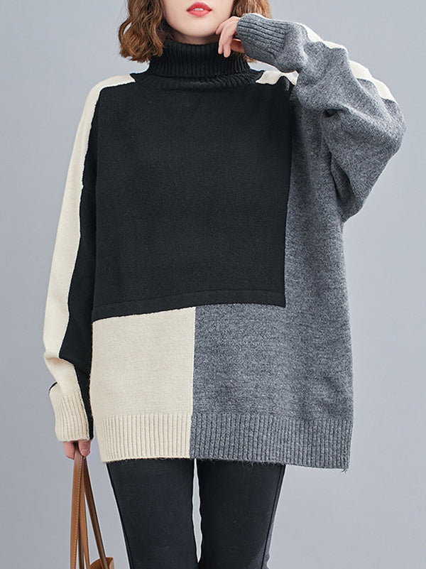 flowersverse Stylish Split-Joint High-Neck Knitting Sweater