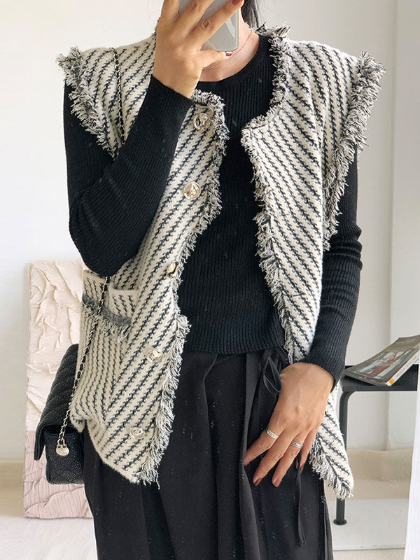 flowersverse Buttoned Fringed Pockets Striped Loose Sleeveless V-Neck Vest Outerwear