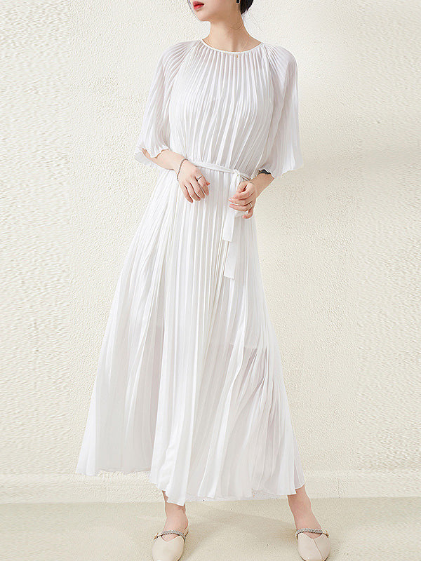 flowersverse Loose Pleated With Waistband Solid Color Round-Neck Maxi Dresses
