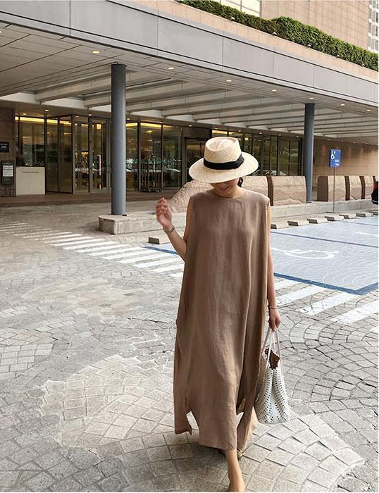 flowersverse Loose Cotton Vest Dress New Round Neck Sleeveless Long Dress Linen