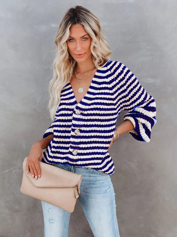 flowersverse Casual Loose Long Sleeves Striped V-Neck Cardigan Tops