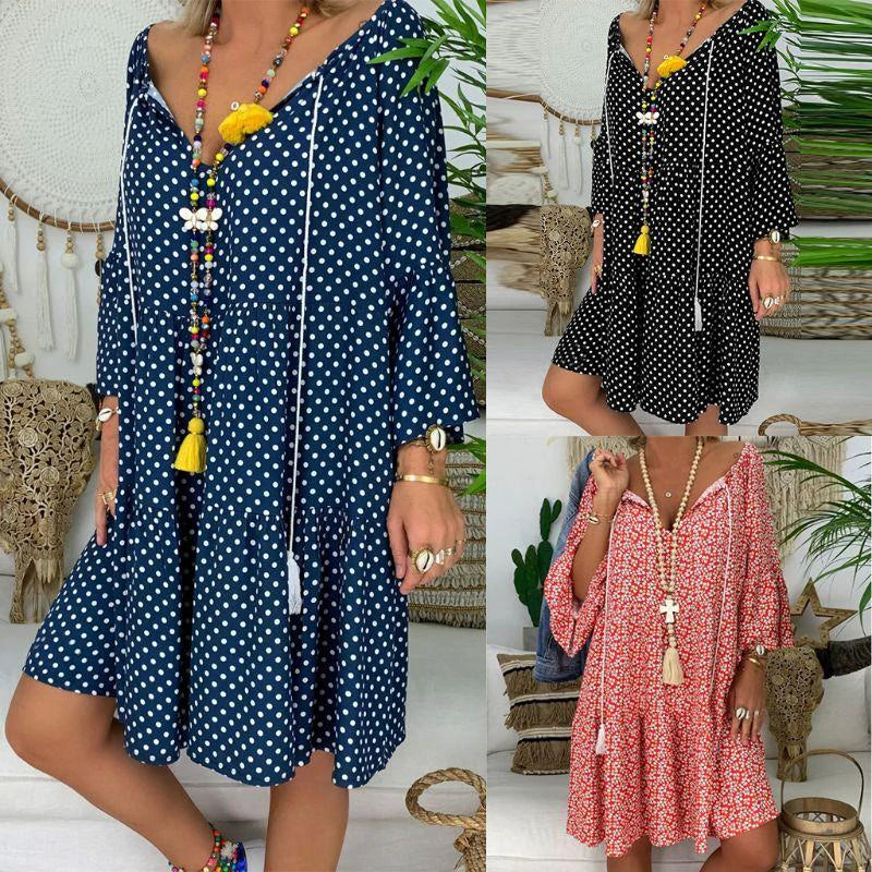 flowersverse Summer Women Boho Floral Long Sleeve Dress Holiday Beach Shirt Dress Ladies Print Mini Dress Plus Size
