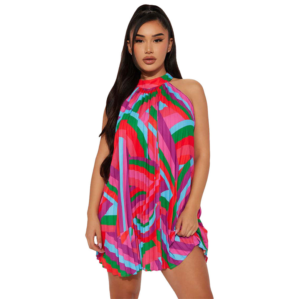 flowersverse Women's Beach Dress Off Shoulder Sleeveless Printed Pleated Dress