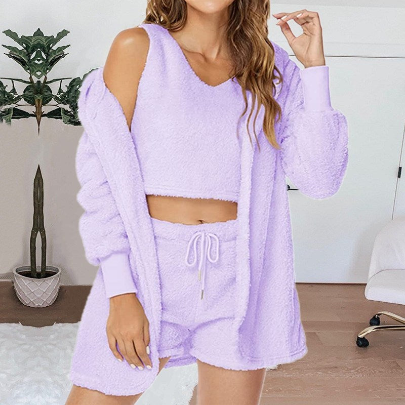 flowersverse Long Sleeve Plush Fashion Casual Three-piece Suit Jacket Vest Shorts Sports Suit