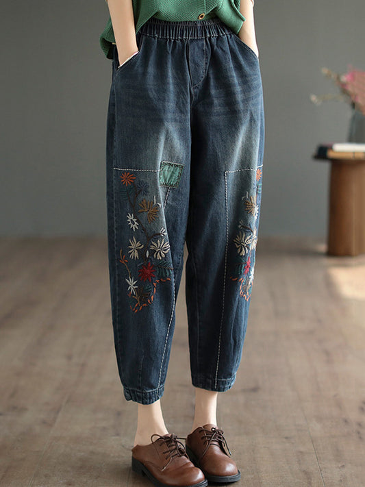 flowersverse Vintage Loose Embroidered Elasticity Harem Jean Pants Bottoms