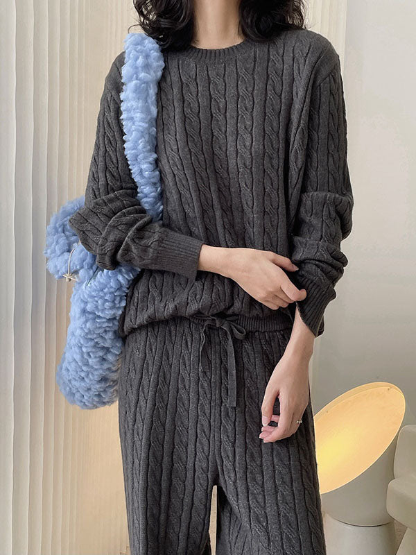 flowersverse Casual Loose Long Sleeves Jacquard Solid Color Round-Neck Sweater Tops