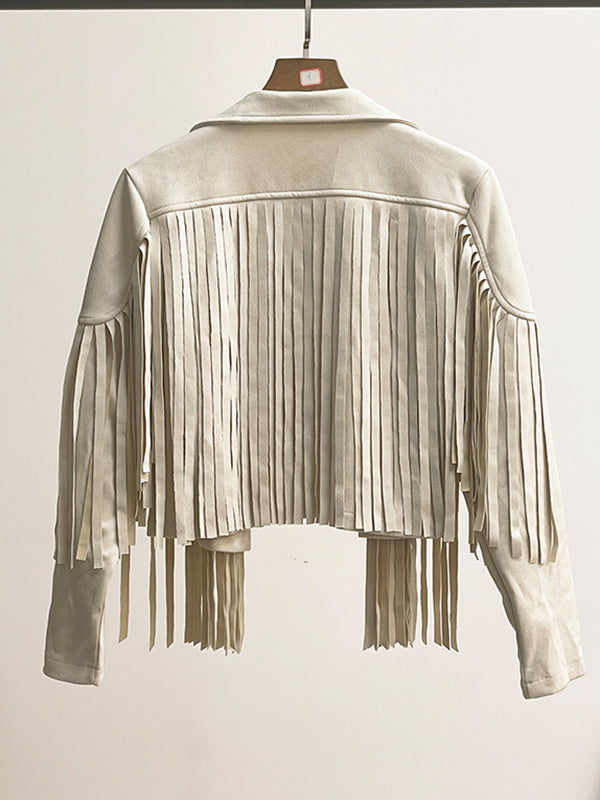 flowersverse Solid Color Split-Joint Tasseled Long Sleeves Lapel Outerwear Jackets