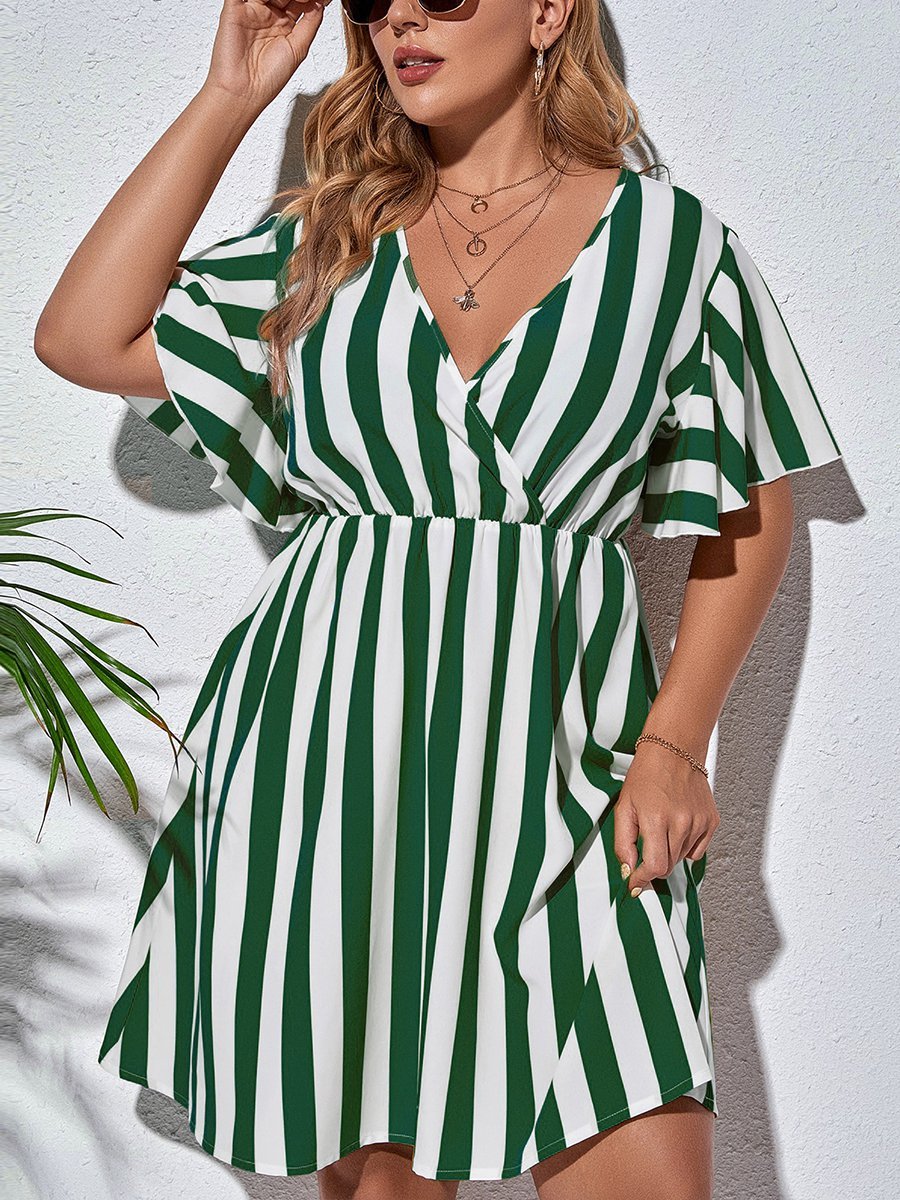 flowersverse Holiday Short Sleeve V Neck A-line Weaving Dress