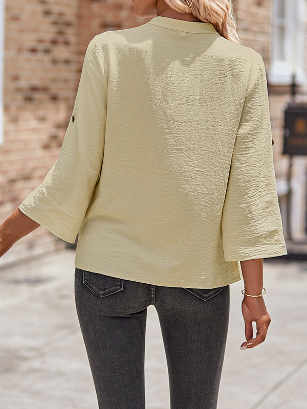 flowersverse Asymmetric Buttoned Solid Color Long Sleeves Loose V-Neck Blouses&Shirts Tops