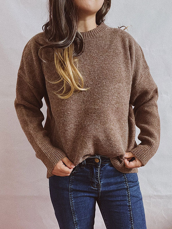 flowersverse Casual Loose Long Sleeves Solid Color Round-Neck Sweater Tops