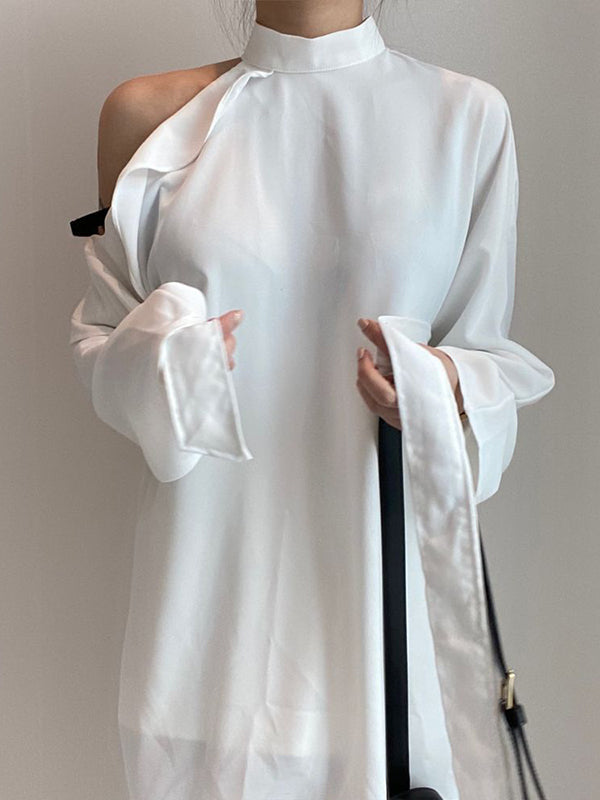 flowersverse Asymmetric Hollow Ruffled Solid Color Tied Waist Long Sleeves Loose Mock Neck Blouses&Shirts Tops