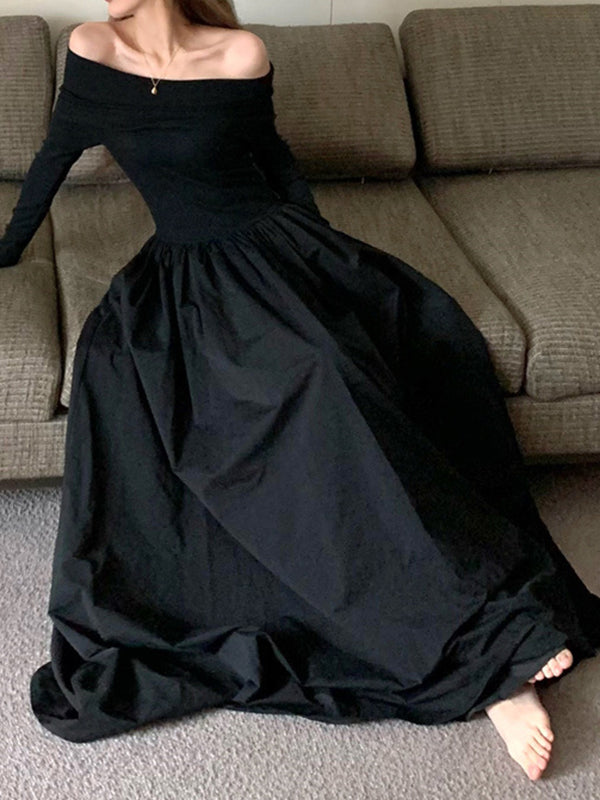 flowersverse Long Sleeves Pleated Solid Color Split-Joint Off-The-Shoulder Maxi Dresses