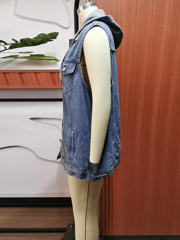 flowersverse Buttoned Detachable Drawstring Hooded Pockets Split-Joint Loose Sleeveless Polo Vest Outerwear