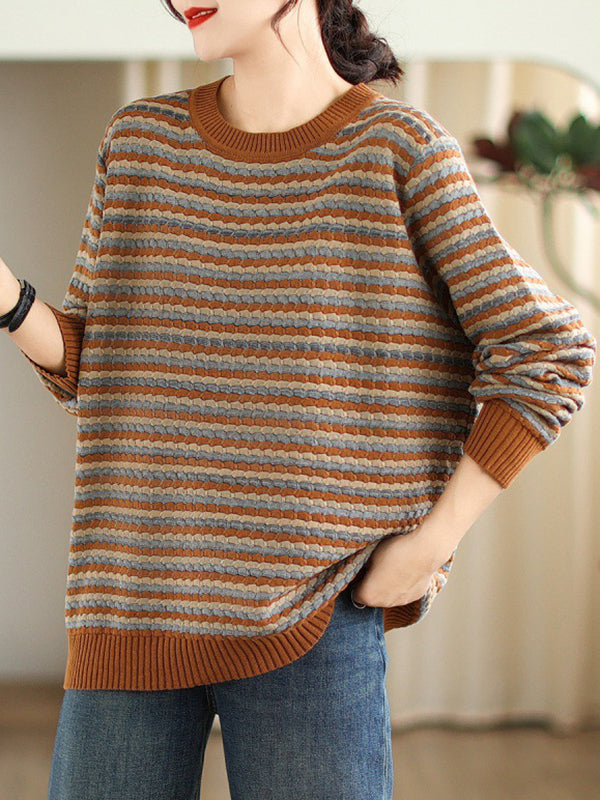 flowersverse Contrast Color Jacquard Velvet Long Sleeves Loose Round-Neck Sweater Tops Pullovers