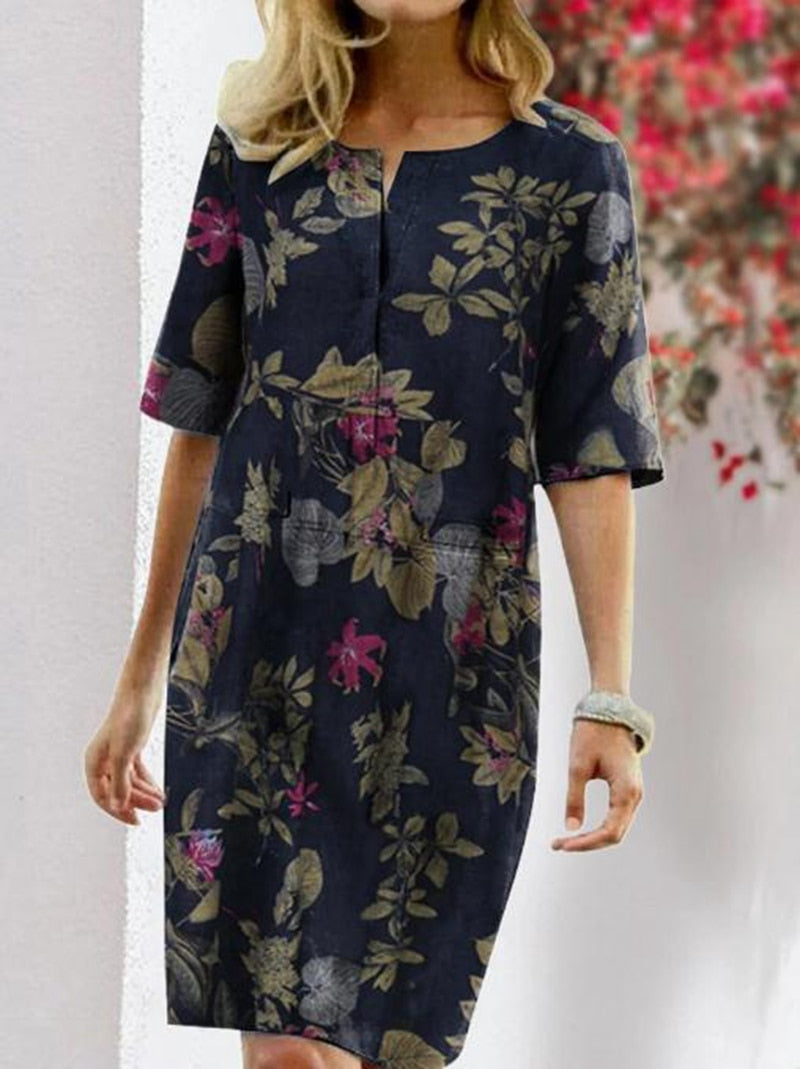 flowersverse Fashionkova Cotton Linen Boho Dress Women Summer New Floral Printed Bohemian Sundress Casual Short Sleeve O Neck Vintage Beach Vestidos