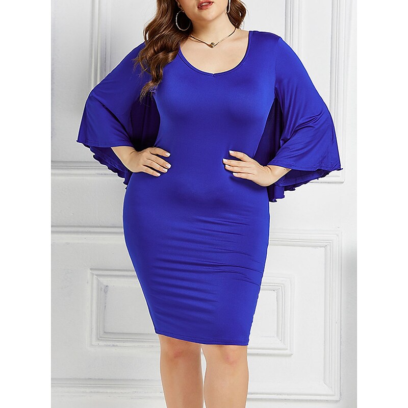 flowersverse Women's Plus Size Work Dress Bodycon Sheath Dress Solid Color Midi Dress 3/4 Length Sleeve Crew Neck Basic Office Black White Spring Summer L XL XXL 3XL