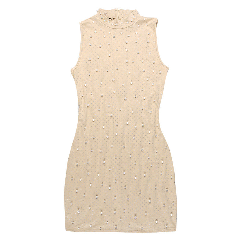 flowersverse Half-High Collar Mesh Beaded Slim Sexy Bodycon Dress