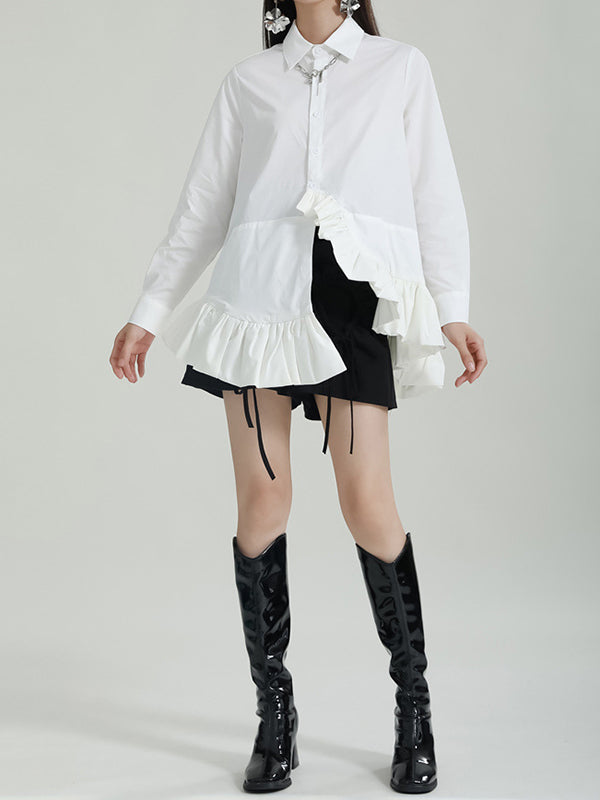 flowersverse Asymmetric Solid Color Cropped Long Sleeves Lapel Blouses&shirts Tops