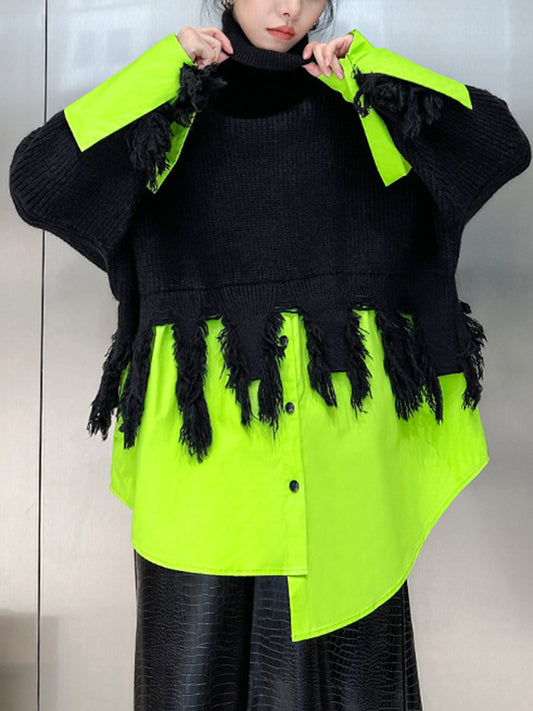 flowersverse Asymmetric Fringed Split-Joint A-Line Long Sleeves High Neck Sweater Tops Pullovers Knitwear