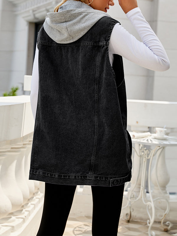 flowersverse Buttoned Detachable Drawstring Hooded Pockets Split-Joint Loose Sleeveless Polo Vest Outerwear