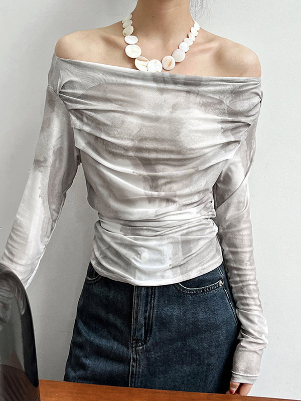 flowersverse Gauze Pleated Split-Joint Tie-Dyed Skinny Sun-Protection Off-The-Shoulder Blouses&Shirts Tops