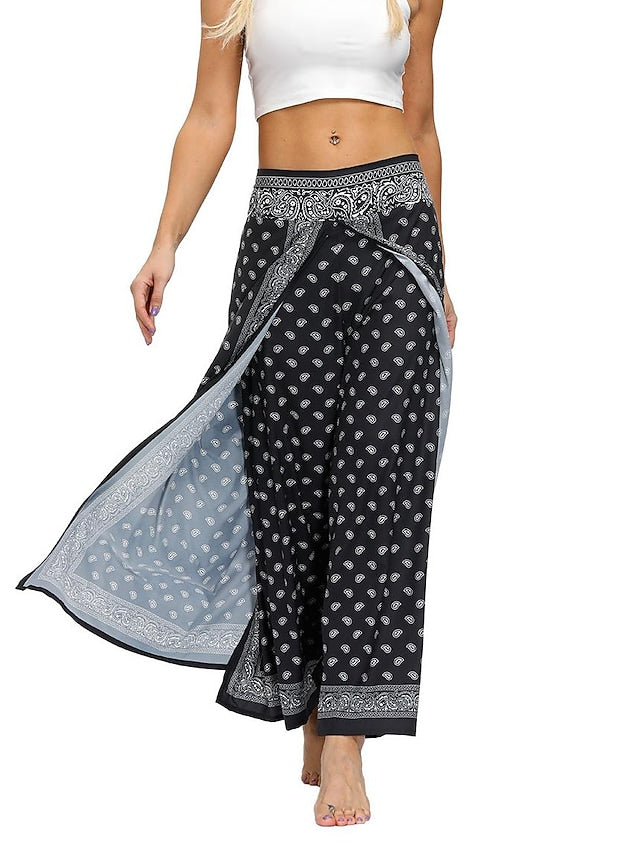 flowersverse Women's Harem Wide Leg Pants Trousers Light gray Gray Black High Waist Basic Boho Gym Yoga Layered High Cut Micro-elastic Full Length Comfort Pattern S L / Drop Crotch / Plus Size / Loose Fit / Print