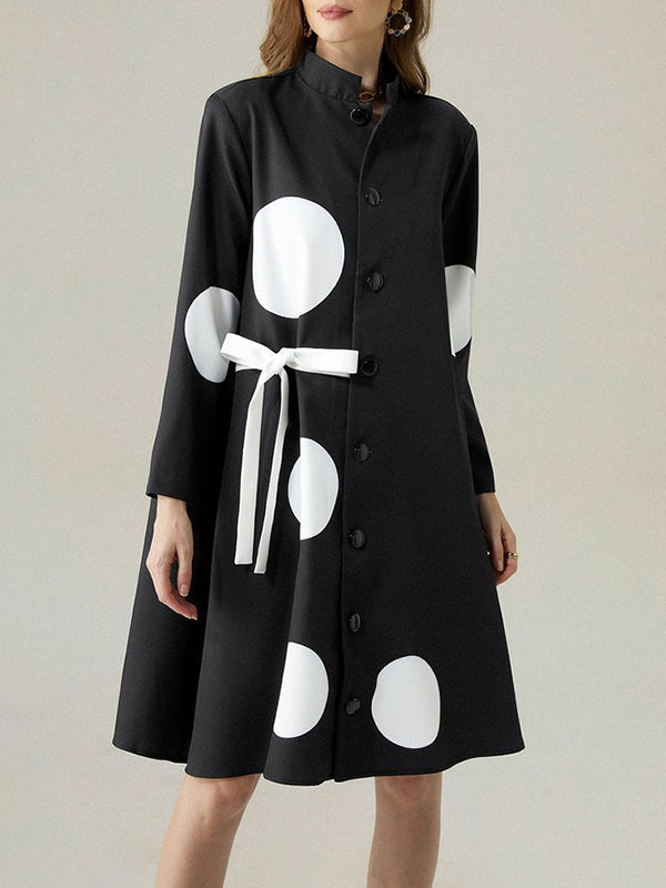 flowersverse Asymmetric Buttoned Polka-Dot Tied Long Sleeves Loose Mock Neck Midi Dresses