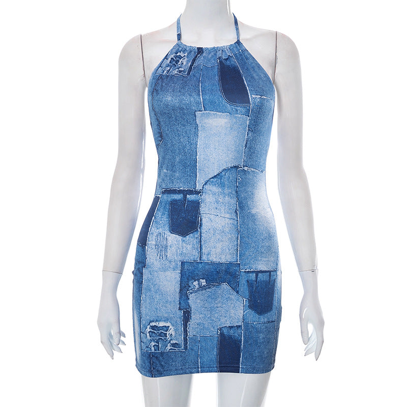 flowersverse Women Summer Casual Sleeveless Halter Neck Lace-Up Denim Print Backless Dress