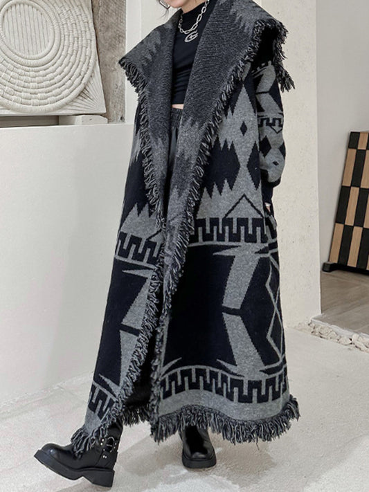 flowersverse Contrast Color Tasseled Long Sleeves Loose Lapel Cardigan Coats