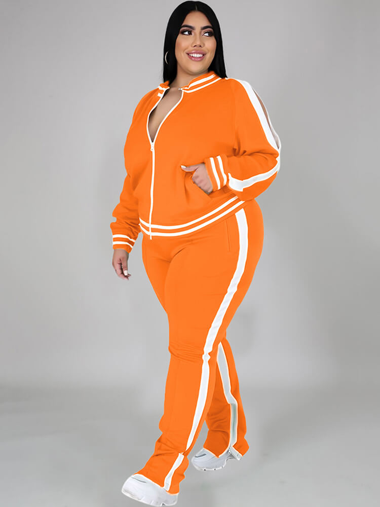 flowersverse Plus Size Cold Shoulder Jacket+Pants Sets