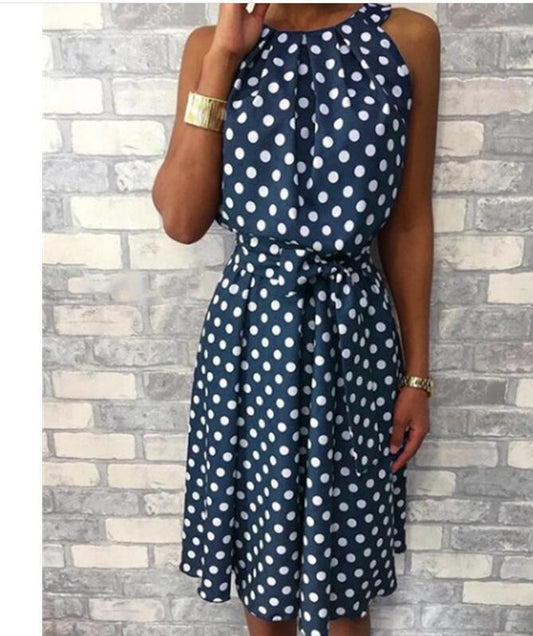 flowersverse European And American Polka Dot Sleeveless Strapless Round Neck Loose Casual Dress