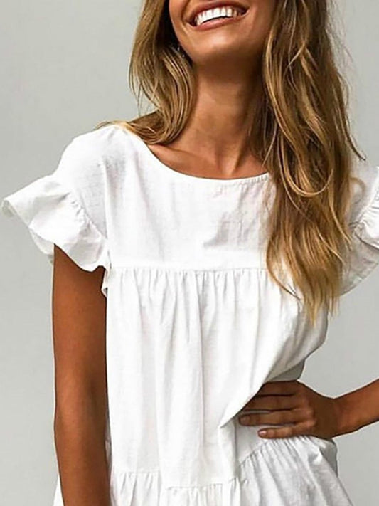 flowersverse White Casual Cotton Short Sleeve Weaving Dress